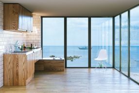 Фотообои дизайн интерьера с панорамным окном на море
